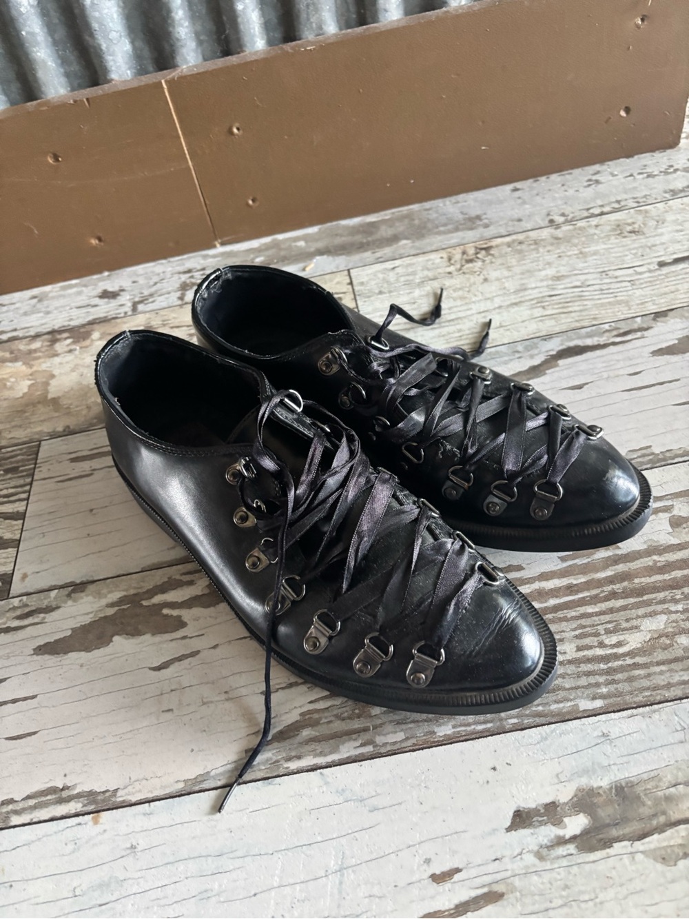 tuk Black Patent Leather Lace-Up Ankle Boots with D-Ring Hardware - Picture 3 of 4